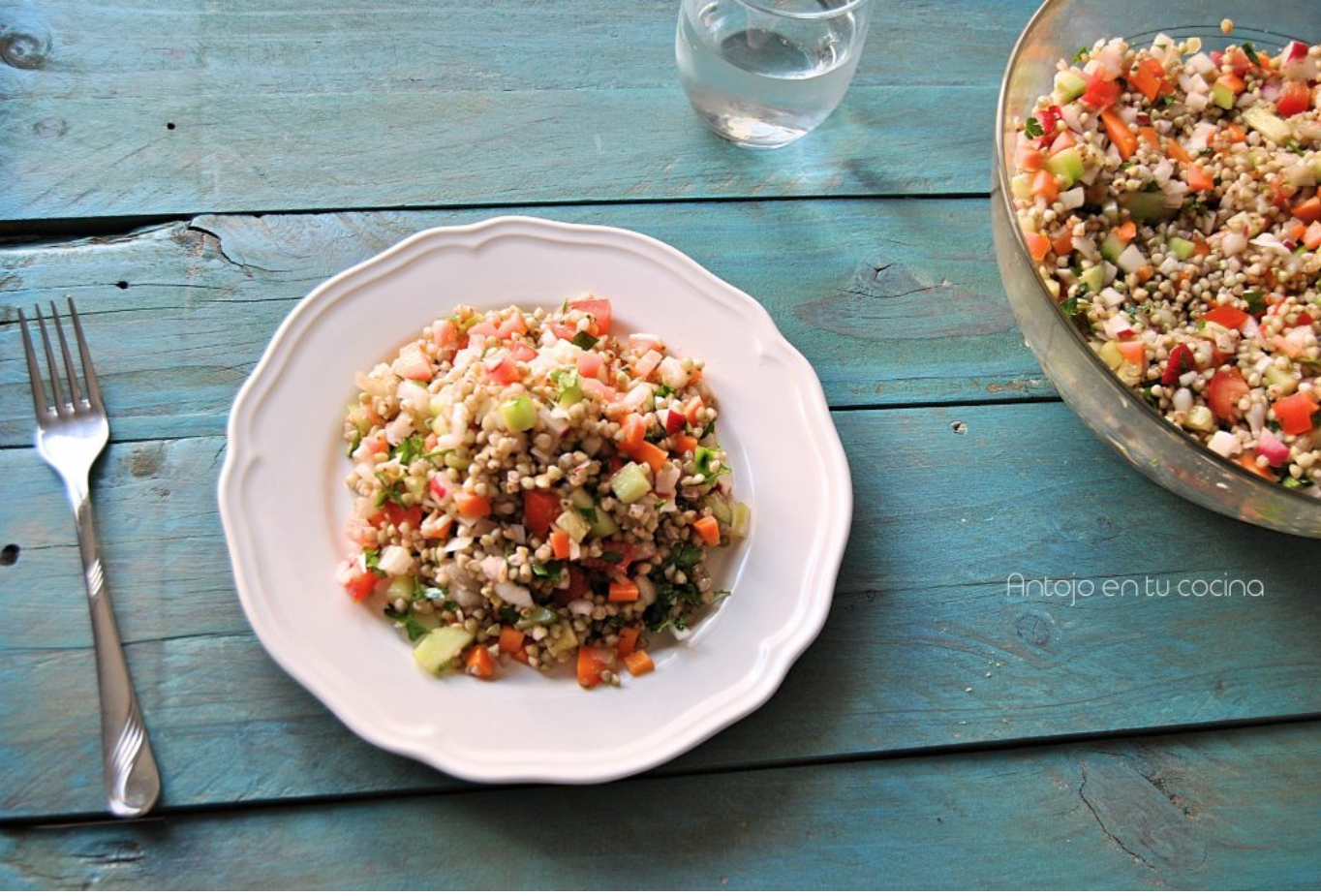 calamares con brocoli y setas mas ensalada de trigo sarraceno con zanahoria y rábano